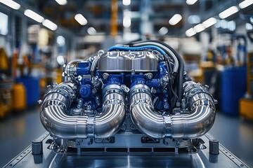 Poster - A Closeup of a Shiny Blue Engine in a Factory Setting