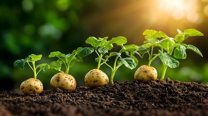 Poster - Detailed diagram illustrating the full lifecycle of a healthy flourishing potato plant from seed to mature vegetable growing in fertile organic soil