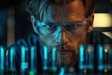 Aufkleber - Close-up of a man's face wearing safety glasses and looking at test tubes in a laboratory