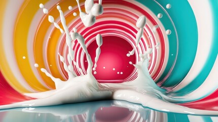 Poster - A vibrant spiral tunnel showcasing a dynamic splash of white liquid, symbolizing creativity and movement in a lively composition of colors.