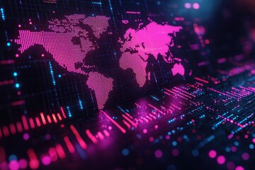 Poster - Digital World Map with Pink Illuminated Dots on a Dark Background