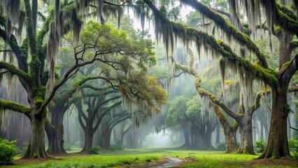 Wall Mural - Rainy day scene of a misty forest, with towering trees and Spanish moss hanging from their branches, Spanish moss, undergrowth, foliage, mist