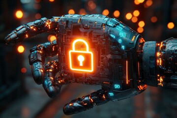Poster - A Metallic Robotic Hand Holding a Glowing Lock Icon