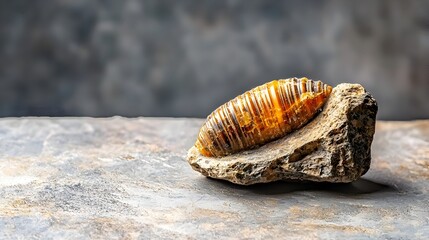 Poster - Detailed view of a well preserved baculite fossil an extinct species of cephalopod mollusk with a unique straight shell resting on a neutral natural surface