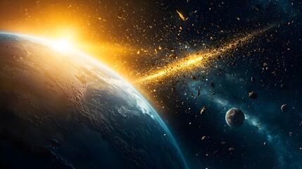 Poster - Digital Depicting Earth s Orbit Filled with Floating Pieces of Space Debris Highlighting the Growing Threat of Space Pollution and the Need for Sustainable Space