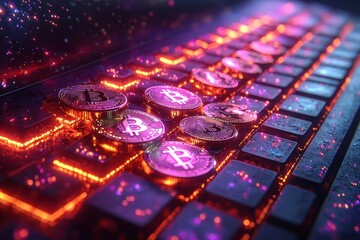 Aufkleber - Bitcoin Coins on a Glowing Keyboard