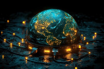 Poster - A glowing Earth connected by cords with glowing ends, suggesting global connectivity.