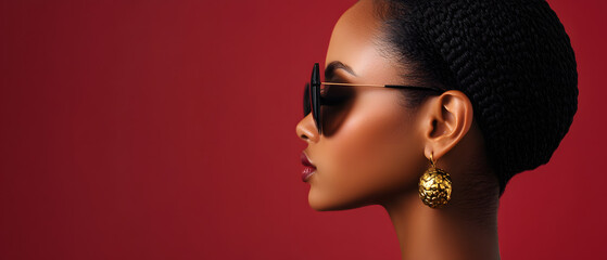 stylish woman wearing sunglasses and large earrings on red background, stylish woman wearing sunglas