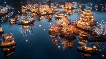 Poster - Enchanting Nighttime Display at the Matsumoto Castle Light Up Festival in Japan Showcasing the Historic Architecture and Stunning Scenery of the Iconic Landmark against a Serene Sky