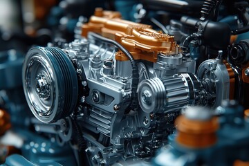 Poster - Close-up of a Shiny Silver and Gold Engine