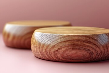 Poster - Two Wooden Cylindrical Platforms on a Pink Background