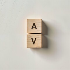 Two wooden blocks with letters A and V on white background, minimalistic design concept