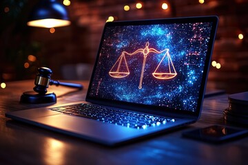 Poster - Laptop with a glowing scales of justice icon on the screen