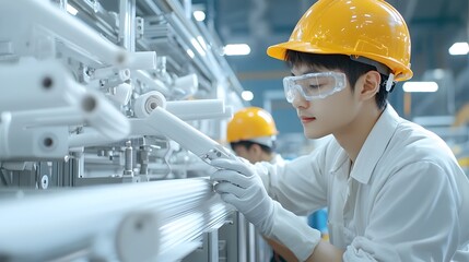 Poster - Factory Worker Inspecting PVC Pipes on Conveyor Belt During Control Process in Manufacturing Plant or Workshop