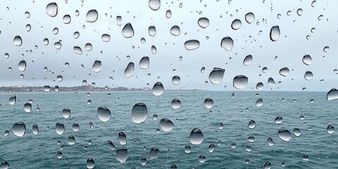 Wall Mural - Stunning Ocean View Through Raindrop-Covered Window Capturing Tranquil Sea and Cloudy Sky Scenery Abstract Nature Photography Coastal Weather Aesthetic