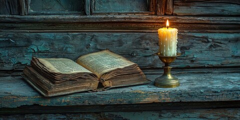 Poster - An Antique Book Open on a Weathered Wooden Surface with a Lit Candle in a Brass Candlestick