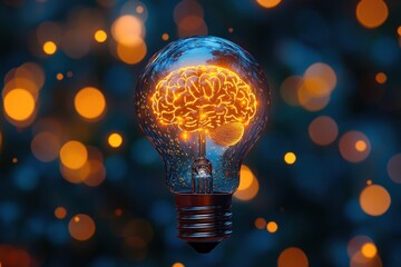 Aufkleber - A glowing light bulb with a brain inside, illuminating the dark background