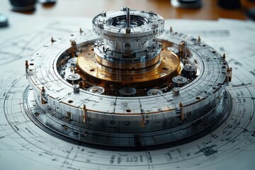 Poster - Complex Metallic Gear System on Technical Blueprint