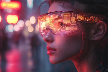 Poster - Woman in Futuristic Goggles Looking at City Lights