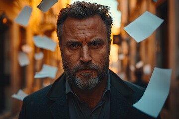Poster - Portrait of a Man with Papers Falling Around Him
