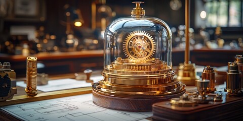 Poster - A Gold Gear Mechanism Under a Glass Dome on a Wooden Base