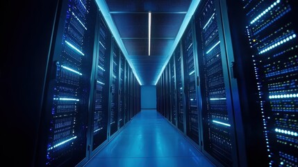 Poster - Modern Data Center with Rows of Servers Cool Lighting