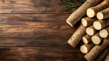 Poster - Freshly harvested cassava roots piled high on a rustic textured wooden table  This traditional root vegetable is a staple in many tropical regions offering a rich source of carbohydrates and fiber