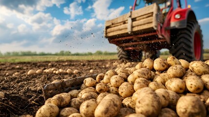 Poster - Freshly harvested potatoes being loaded onto the back of a red agricultural tractor in a plowed field  The potatoes are piled high
