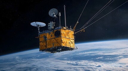Poster - Futuristic spacecraft dragging defunct satellites toward the atmosphere for safe re entry and disposal showcasing innovative space debris management technology and environmental sustainability