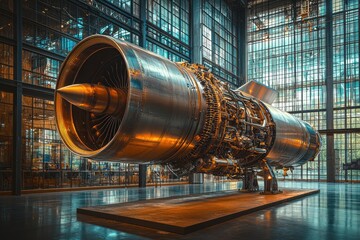Poster - Jet Engine Displayed in Modern Glass-Walled Interior