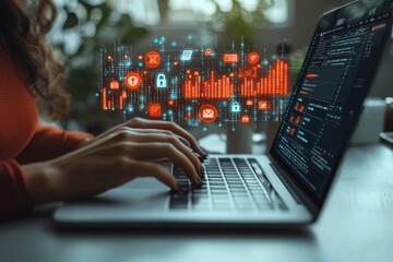 Poster - Woman Typing on Laptop with Abstract Digital Security Icons