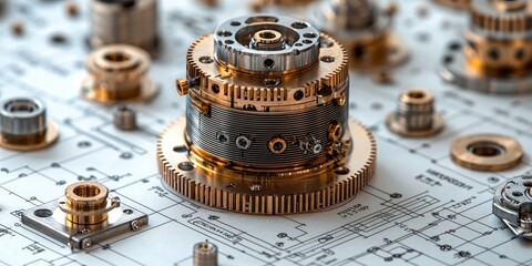 Poster - Close-up of intricate metallic gears and components on a technical drawing.