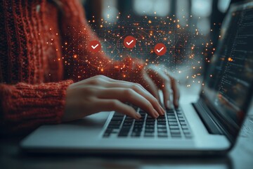 Aufkleber - Woman Typing on Laptop with Checkmarks and Digital Network