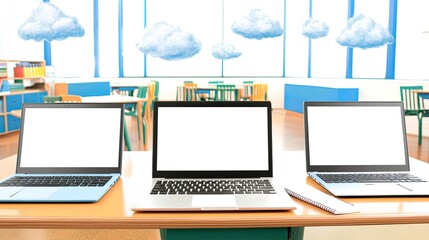 Poster - Cozy Classroom With Mockup Laptops and Notebooks on Tables Generative AI