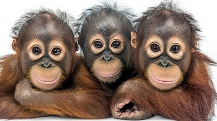 Poster - Three Adorable Baby Orangutans Smiling Together in a Playful Setting Generative AI
