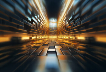Aufkleber - A perspective view of a long, narrow corridor with a glowing light at the end.