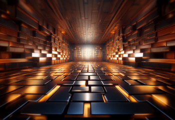 Poster - A futuristic, glowing, and reflective corridor with a glowing light at the end.