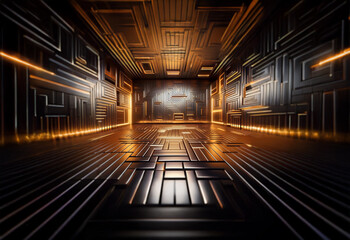 Aufkleber - A futuristic hallway with glowing orange lines and a reflective floor.