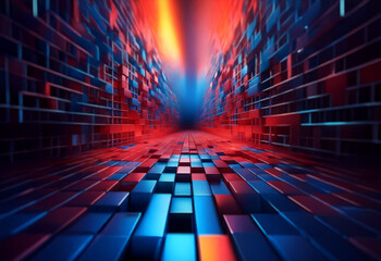Aufkleber - A futuristic, abstract hallway with red and blue neon lights.  The walls are made of geometric shapes, creating a sense of depth and perspective.