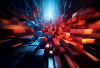 Aufkleber - An abstract, digital, and futuristic depiction of a tunnel made of shimmering, 3D cubes with neon blue and orange lighting.
