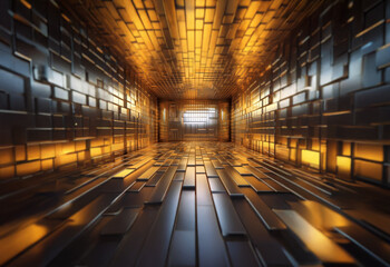 Poster - A long, narrow corridor with reflective, metallic walls and floor, illuminated by warm, golden light.