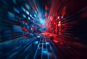 Poster - A digital tunnel with a glowing blue and red light in the background creates a sense of movement and depth.