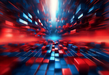 Aufkleber - A futuristic tunnel composed of red and blue glowing cubes with a bright white light at the end.