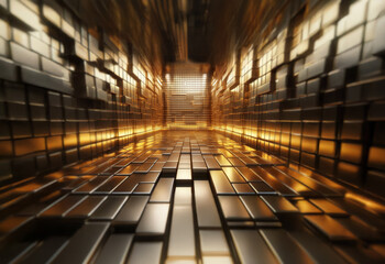 Aufkleber - A perspective view down a long, narrow corridor lined with metallic, rectangular blocks. The blocks reflect the light emanating from the end of the hallway.