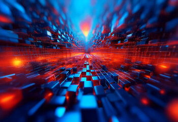 Poster - A digital rendering of a glowing tunnel made of cubes, bathed in shades of blue and red.