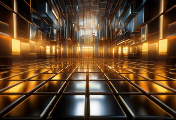 Poster - A futuristic and reflective hallway with an endless glow, with a reflective floor made of tiles.