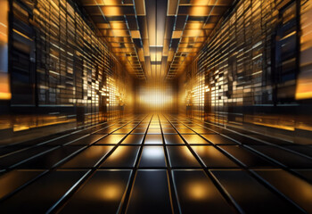 Poster - A long, narrow corridor with a glowing light at the end, reflecting off the shiny black floor and walls.