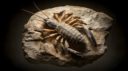 Aufkleber - Impressive full body fossil of an ancient Eurypterid or sea scorpion creature displayed in a natural history museum exhibit  The prehistoric arthropod specimen dates back millions of years