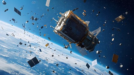 Aufkleber - Innovative Satellite Designed with Specialized Nets to Capture and Recycle Floating Space Junk Promoting Sustainable of Outer Space