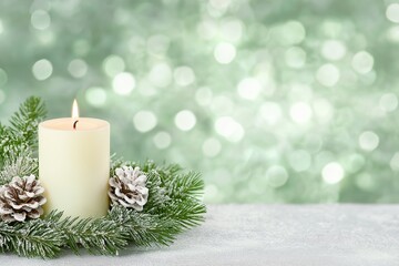 Aufkleber - A Bright White Candle Surrounded by a Festive Wreath Creates a Cozy Christmas Atmosphere